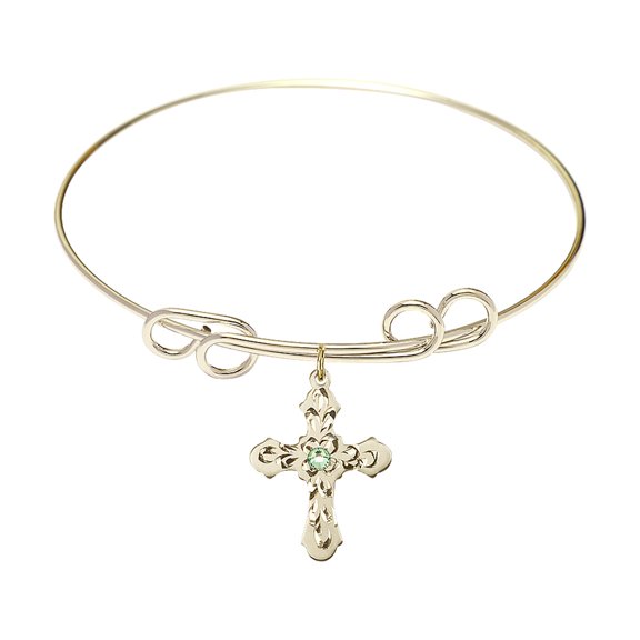 8 inch Round Double Loop Bangle Bracelet w/ Cross medal charm w/ August Green Swarovski Crystal