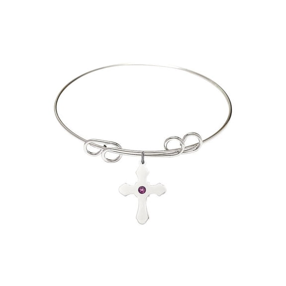 8 inch Round Double Loop Bangle Bracelet w/ Cross medal charm w/ February Purple Swarovski Crystal