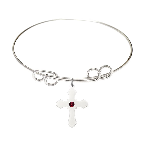 8 inch Round Double Loop Bangle Bracelet w/ Cross medal charm w/ January Red Swarovski Crystal