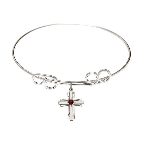 8 inch Round Double Loop Bangle Bracelet w/ Cross medal charm w/ January Red Swarovski Crystal