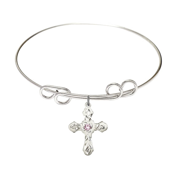 8 inch Round Double Loop Bangle Bracelet w/ Cross medal charm w/ Light Purple Swarovski Crystal