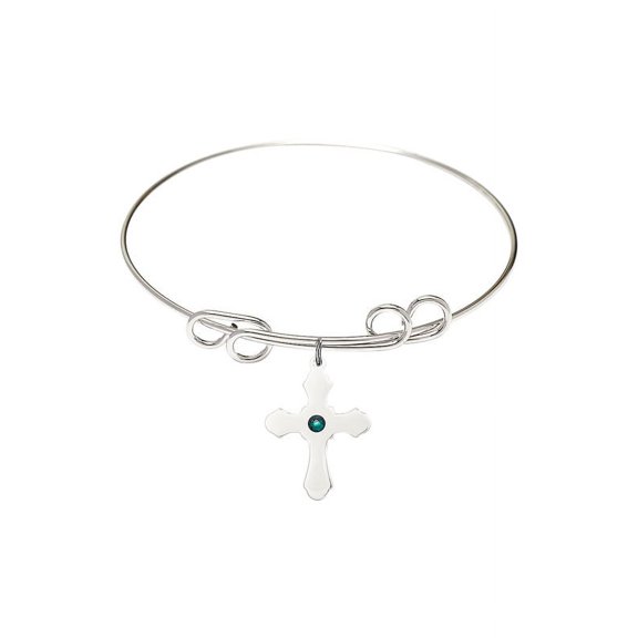 8 inch Round Double Loop Bangle Bracelet w/ Cross medal charm w/ May Green Swarovski Crystal