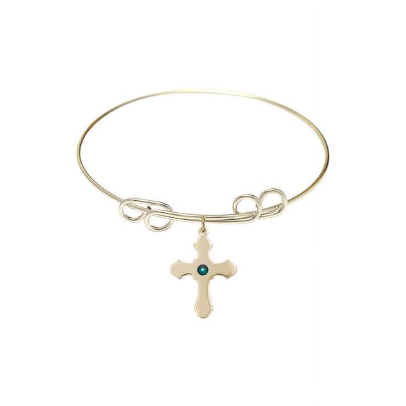 8 inch Round Double Loop Bangle Bracelet w/ Cross medal charm w/ May Green Swarovski Crystal