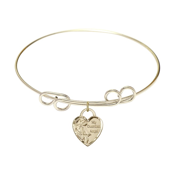 8 inch Round Double Loop Bangle Bracelet w/ Guardian Angel Heart in Gold-Filled