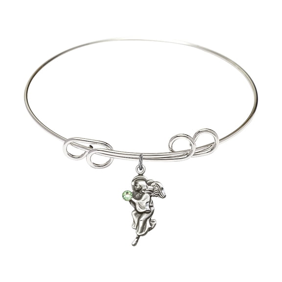 8 inch Round Double Loop Bangle Bracelet w/ Guardian Angel medal charm w/ August Green Swarovski Crystal
