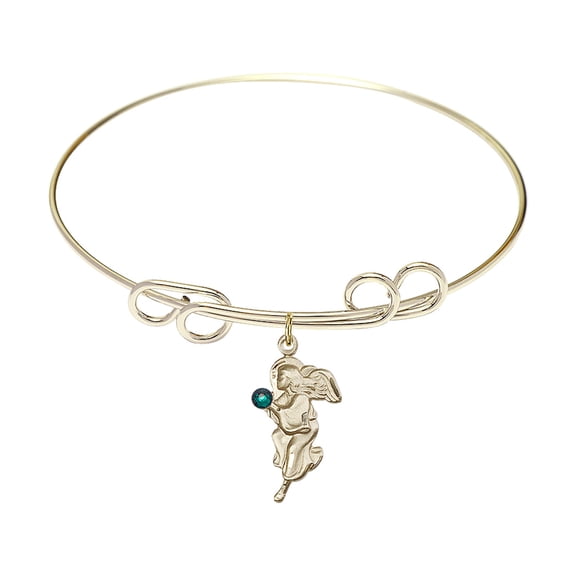 8 inch Round Double Loop Bangle Bracelet w/ Guardian Angel medal charm w/ May Green Swarovski Crystal