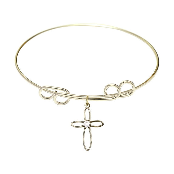 8 inch Round Double Loop Bangle Bracelet w/ Loop Cross medal charm w/ April Crystal Swarovski Crystal