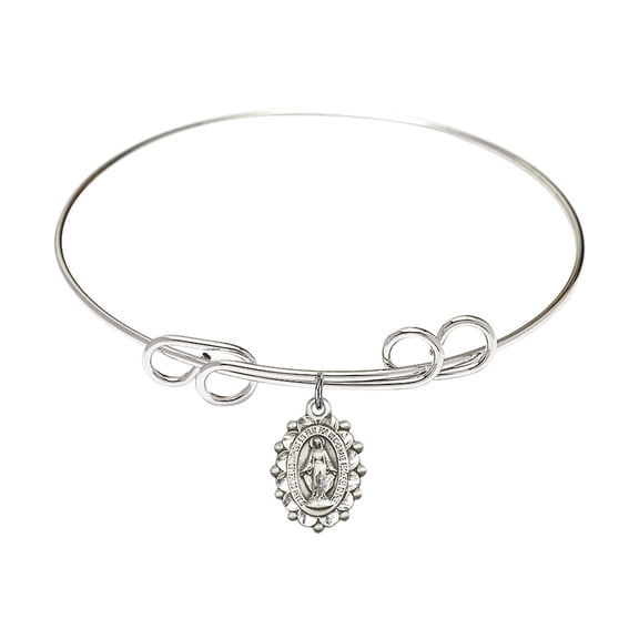 8 inch Round Double Loop Bangle Bracelet w/ Miraculous Medal in Sterling Silver