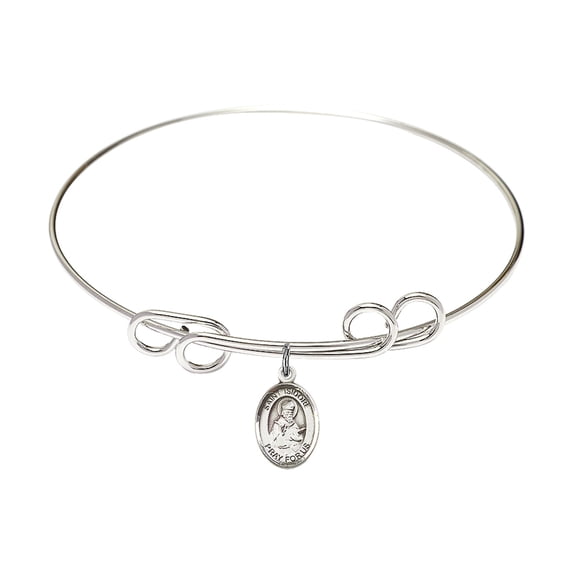 8 inch Round Double Loop Bangle Bracelet w/ St. Isidore of Seville in Sterling Silver