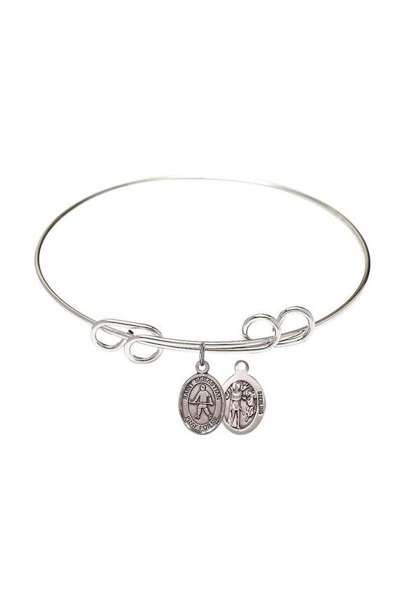 8 inch Round Double Loop Bangle Bracelet w/ St. Sebastian/Field Hockey in Sterling Silver