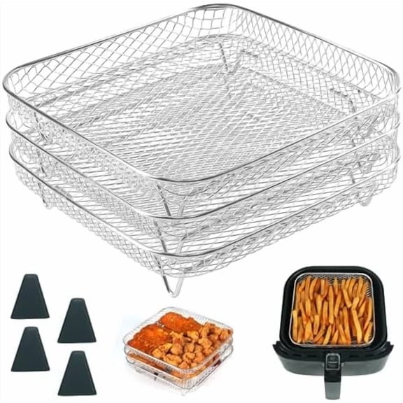 8 inch Square Air Fryer Rack, 3pcs Stackable Stainless Steel Dehydrator Rack with Silicon Feet, Square Air Fryer Accessories for Cosori, Instant Vortex, Ninja Pro XL 6.5 QT AF181 & More