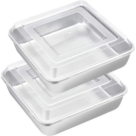 8 inch Square Cake Pan with Lid, Vesteel Non-Stick Stainless Steel Rectangle Brownies Baking Pan Set of 4, Non-Toxic & Warp Resistant, Rust Free & Dishwasher Safe (2 Pans + 2 Lids)