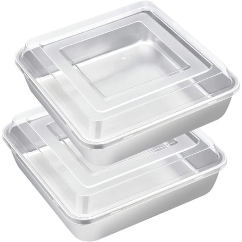8 inch Square Cake Pan with Lid, Vesteel Non-Stick Stainless Steel Rectangle Brownies Baking Pan Set of 4, Non-Toxic & Warp Resistant, Rust Free & Dishwasher Safe (2 Pans + 2 Lids)