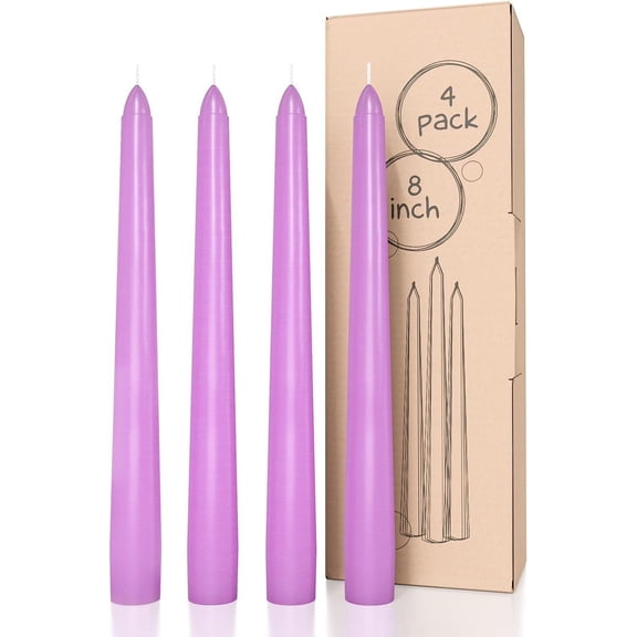 8 inch Taper Candles - Set of 4 Dripless Unscented Lavender Dinner Household Candles
