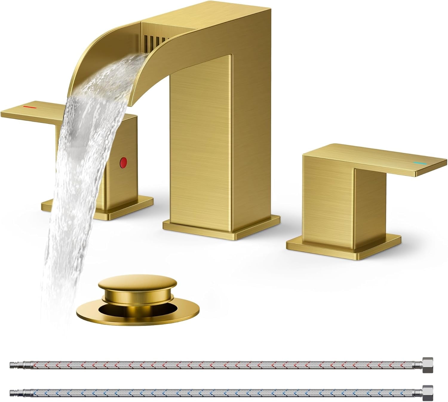 8inch Brushed Gold Waterfall Bathroom Faucet with Metal Pop-up Drain and cUPC Supply Lines, 3 Hole Stainless Steel 2-Handle Water Faucets for Vanity, Lavatory, Rv