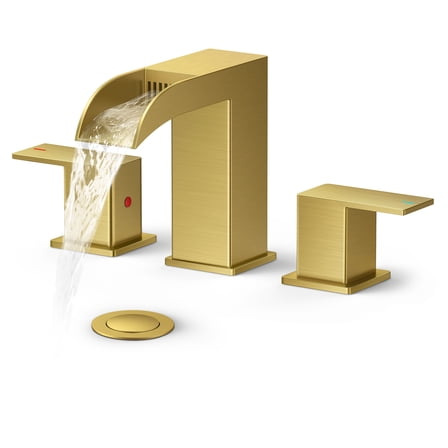 TVOFEK 8 inch Waterfall Bathroom Faucet 3 Hole, Brushed Gold Bathroom Sink Faucet with Metal Pop-up Drain and Supply Lines, Stainless Steel 2-Handle Water Faucets for Vanity Lavatory RV