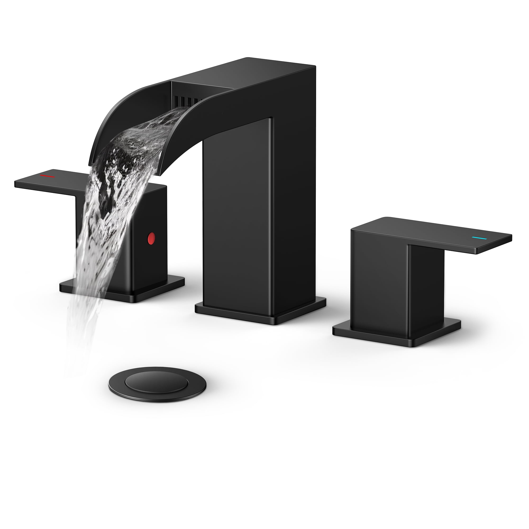 TVOFEK 8 inch Waterfall Bathroom Faucet 3 Hole, Matte Black Bathroom Sink Faucet with Metal Pop-up Drain, 2 Handle Stainless Steel Bathroom Water Faucets for Vanity Lavatory Restroom RV