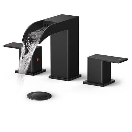 TVOFEK 8 inch Waterfall Bathroom Faucet 3 Hole, Matte Black Bathroom Sink Faucet with Metal Pop-up Drain, 2 Handle Stainless Steel Bathroom Water Faucets for Vanity Lavatory Restroom RV