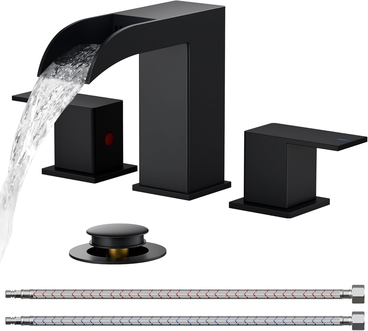 TVOFEK 8 inch Waterfall Bathroom Faucet 3 Hole, Matte Black Bathroom ...