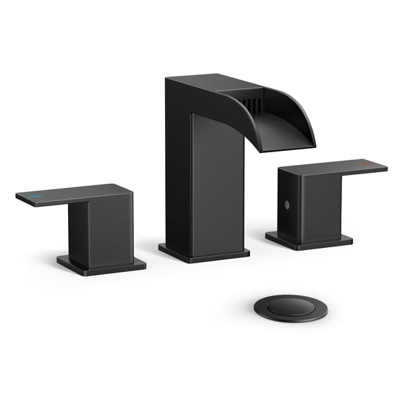 TVOFEK 8 inch Waterfall Bathroom Faucet 3 Hole, Matte Black Bathroom Sink Faucet with Metal Pop-up Drain, 2 Handle Stainless Steel Bathroom Water Faucets for Vanity Lavatory Restroom RV