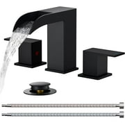 8 inch Waterfall Bathroom Faucet 3 Hole Matte Black Bathroom Sink Faucet with Metal Pop-up Drain, 2 Handle Stainless Steel Lead-Free Bathroom Water Faucets for Vanity, Lavatory, Restroom, Sink, Rv