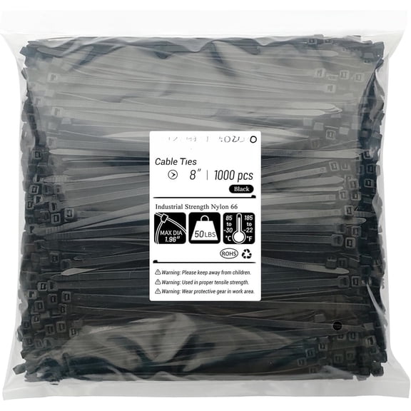 8 inch Zip Ties 1000 , Black  Ties with 50lbs Tensile Strength, Self-Locking  Wire Ties for Indoor and Outdoor Use by
