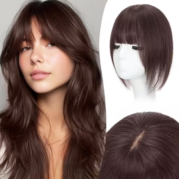 8-inch dark brown clip-in bangs for women, a synthetic hair piece specially designed for people with thin hair to easily add volume to their hair