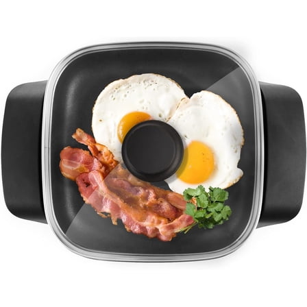 8-inch x 8-inch nonstick electric skillet with tempered glass vented lid, dishwasher safe, fast heating, 600 watts.