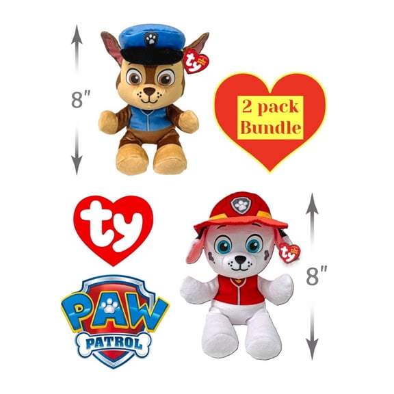 8-inches Paw Patrol Chase Shepherd Dog & Marshall Dalmatian Dog Beanie Babies Soft Body Bundle of 2 Characters