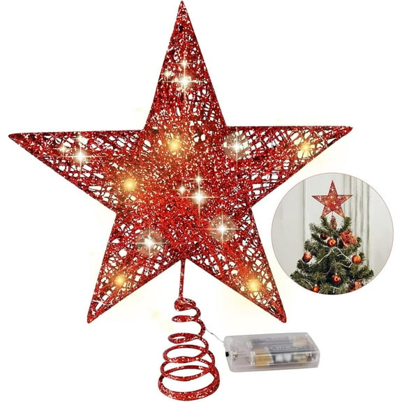 8 inches Red Star Tree Topper, Lighted Christmas Tree Star with Holder, Glitter Star for Christmas Tree Top Decoration, Battery Operated Tree Topper for Home Holiday Xmas Party Outdoor Decor