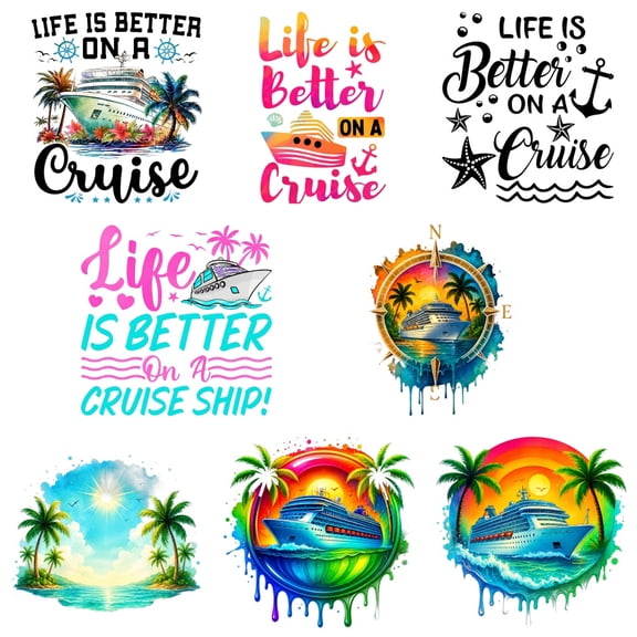 8 large-sized iron-on transfer sheets , DTF Transfer Ready to Press for T-Shirts, Cruise Ship Tropical Paradise Sunset Palm , Waterproof Heat Transfer Vinyl for Apparel28CM-11.02in