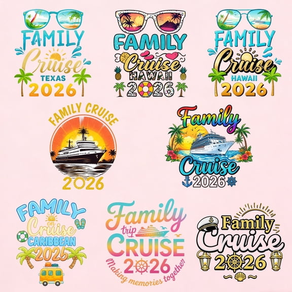 8 large-sized iron-on transfer sheets , DTF Transfer Ready to Press for T-Shirts, Family Cruise 2026 Tropical Design , Waterproof Heat Transfer Vinyl for Apparel28CM-11.02in