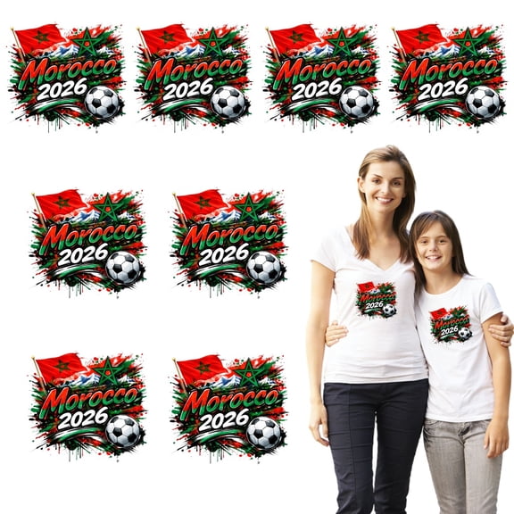 8 large-sized iron-on transfer sheets , DTF Transfer Ready to Press for T-Shirts, Morocco 2026 Flag Soccer Ball, Waterproof Heat Transfer Vinyl for Apparel（28CM-11.02in）