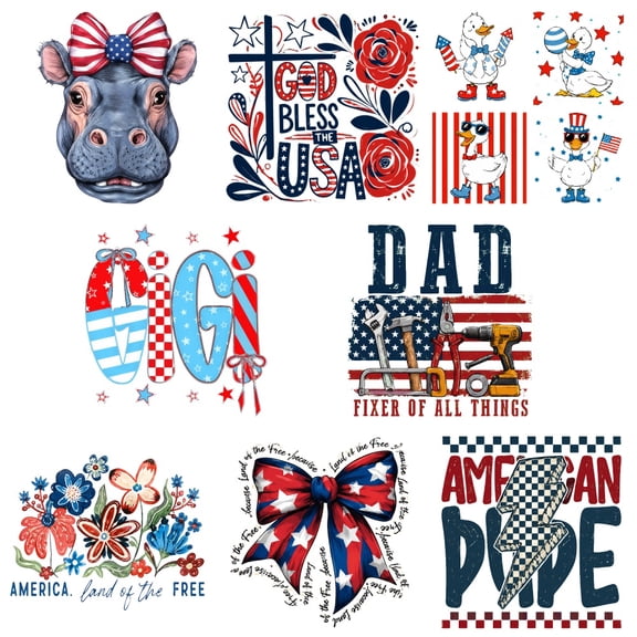 8 large-sized iron-on transfer sheets , DTF Transfer Ready to Press for T-Shirts, Patriotic Animal And Tools Design , Waterproof Heat Transfer Vinyl for Apparel28CM-11.02in