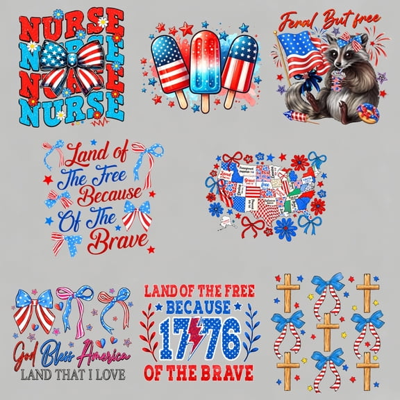 8 large-sized iron-on transfer sheets , DTF Transfer Ready to Press for T-Shirts, Patriotic Nurse Design Elements , Waterproof Heat Transfer Vinyl for Apparel28CM-11.02in