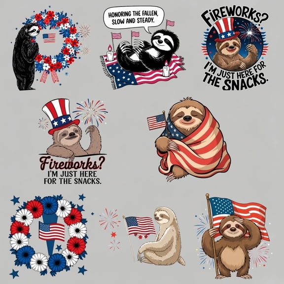 8 large-sized iron-on transfer sheets , DTF Transfer Ready to Press for T-Shirts, Patriotic Sloth Fireworks Snacks Flag , Waterproof Heat Transfer Vinyl for Apparel28CM-11.02in