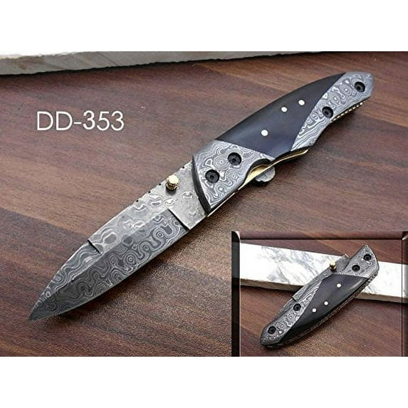 8" long Folding Knife with pocket clip, Hand forged Damascus steel 3.5" blade. Bull horn scale with Damascus Bolster, Cow hide Leather sheath included with belt loop (Blue Wood)