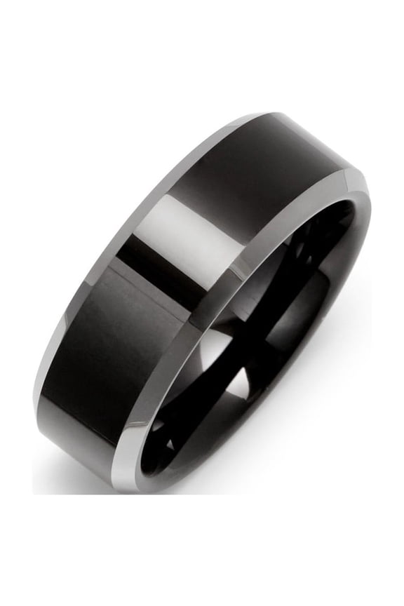 8 mm Black Tungsten Ring with Beveled Edges, Ring Sizes 9 to 13