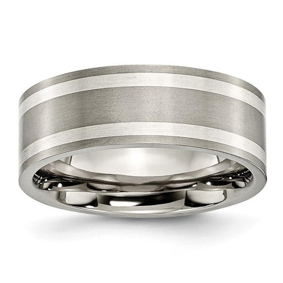 8 mm Titanium Sterling Silver Inlay Flat Brushed & Polished Band, Size 6.5