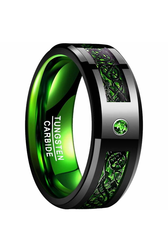 8 mm Wide Black Green Tungsten Steel Ring with Black Dragon Pattern Green Carbon Fiber Ring