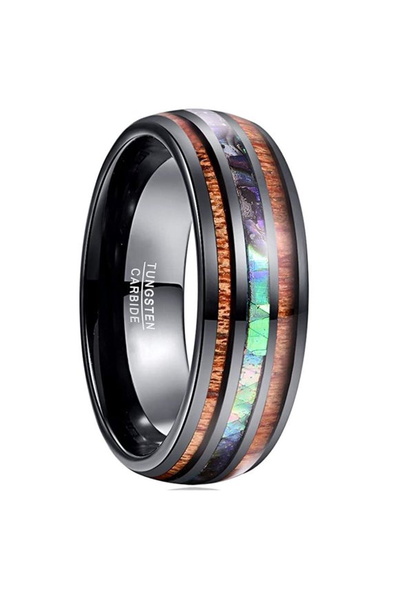 8 mm Wide Black Inlaid Acacia Wood Abalone Shell Tungsten Steel Ring