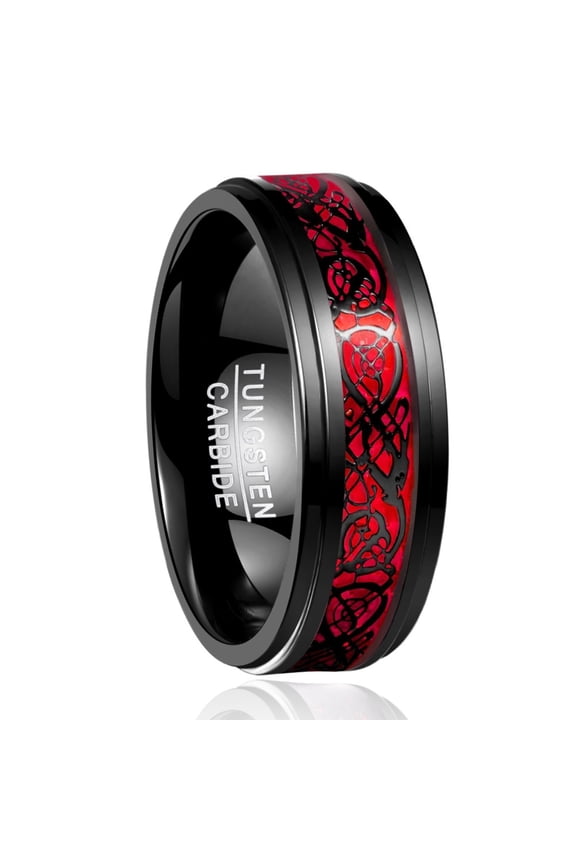 8 mm Wide Black Red Background Dragon Pattern Step Surface Tungsten Steel Ring Men's Tungsten Steel Jewelry