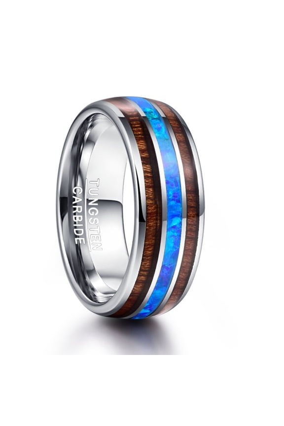 8 mm Wide Dome Steel Inlaid with Two Acacia Wood Blue Opal Tungsten Steel Ring