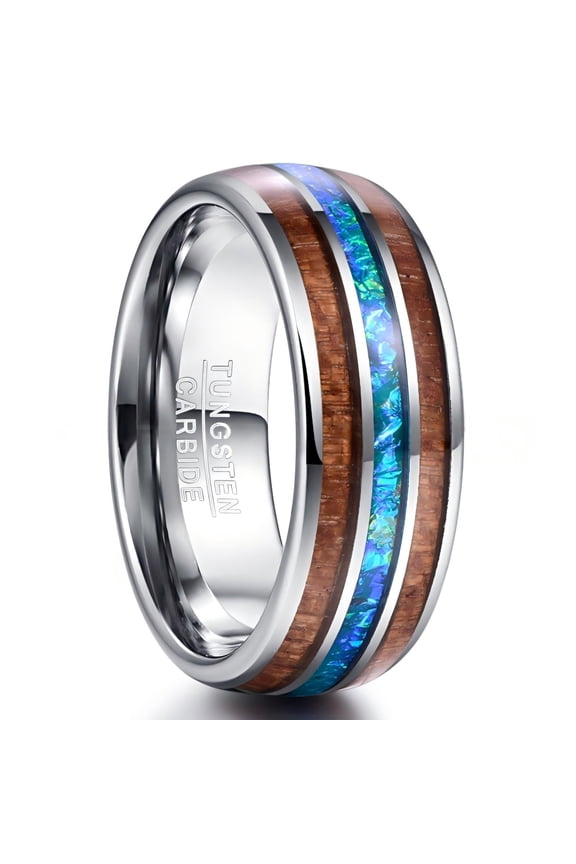 8 mm Wide Inlaid Acacia Wood Opal Dome Polished Men's Tungsten Steel Ring
