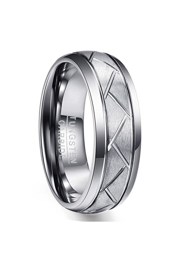 8 mm Wide Silver Gray Matte Surface Diagonal Groove Tire Pattern Tungsten Steel Ring