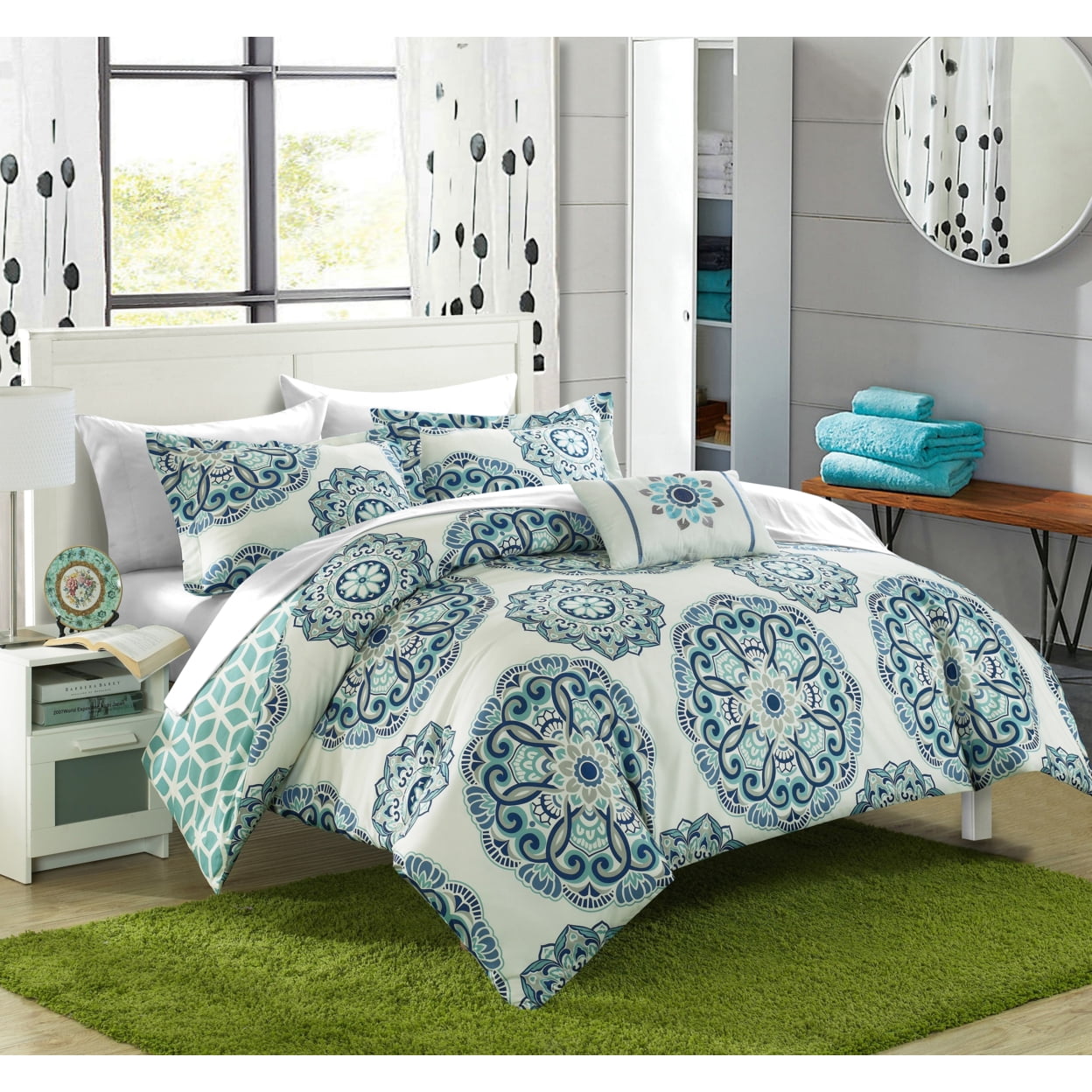 King Blue Microfiber Reversible Medallion Comforter Set