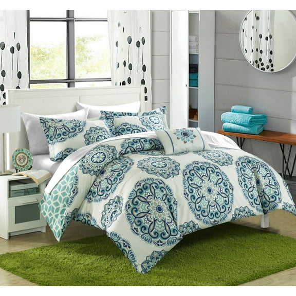 8 or 6 Pc. Barella Super soft Large Printed Medallion REVERSIBLE with Geometric Printed Backing Comforter Set