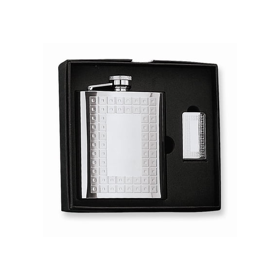 8 ounce Stainless Steel Geometric Design with Center Engraving Area Flask and Money Clip Gift Set QGM2713