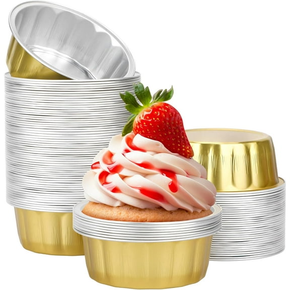 8 oz 100 Pack Aluminum , Disposable Foil Cups Baking 3.9" Ramekin Cup Muffin Cupcake Aluminum Baking Cup Mini Pudding Souffle Cups for Party Wedding Birthday - Gold