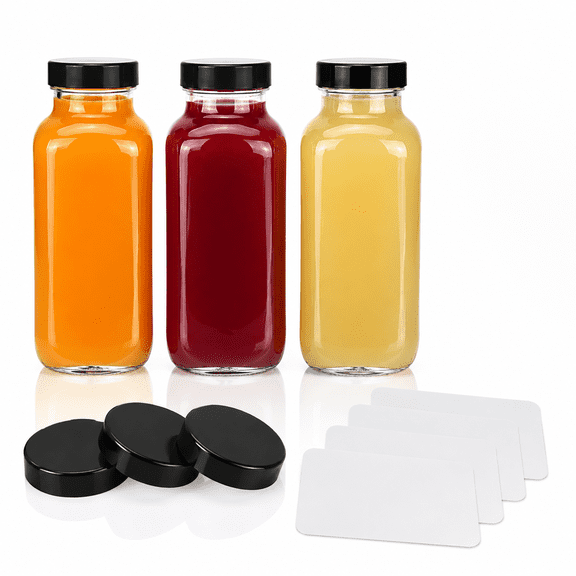 8 oz/250mL Glass Juice Bottles with Lids & Labels, Reusable Travel Juice Storage Containers, Clear Glass Drink Jars for Juicing, Water, Ginger, Wellness Shots - Leakproof, Dishwasher Safe